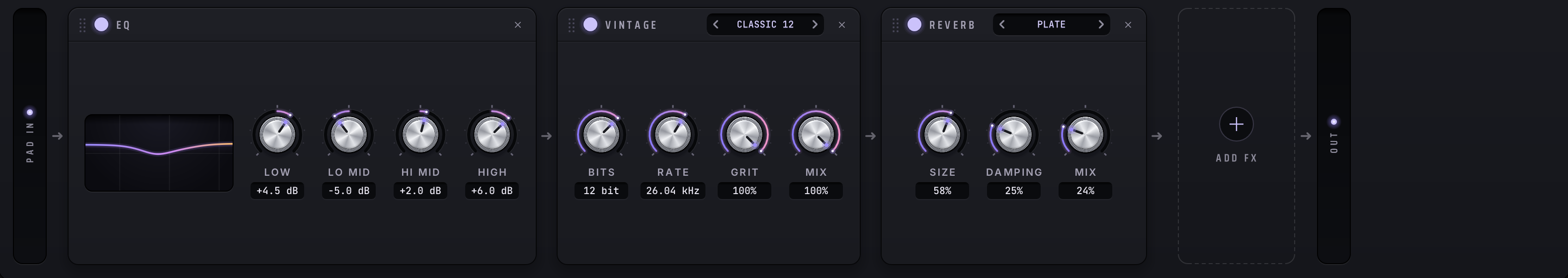 DYSEKT FX rack with EQ, Vintage and Reverb, and a slot to add more effects