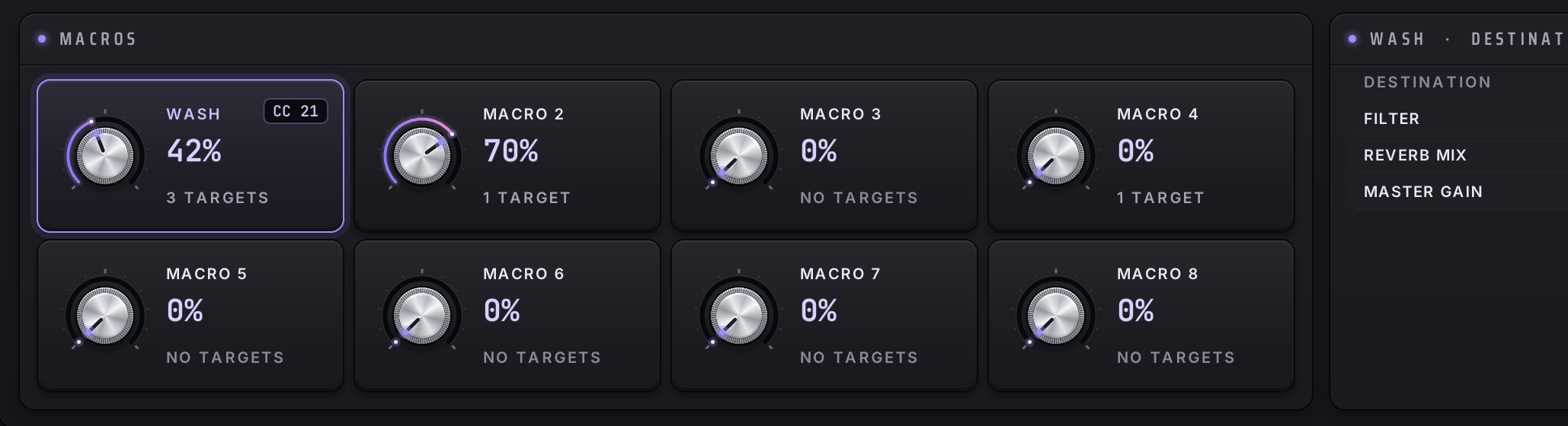 Macro knobs and destination list